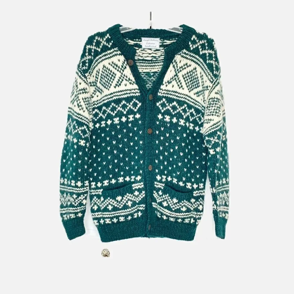 Vintage Joseph Anthony Collection Handknitted Wool Cardigan Sweater Green Cream